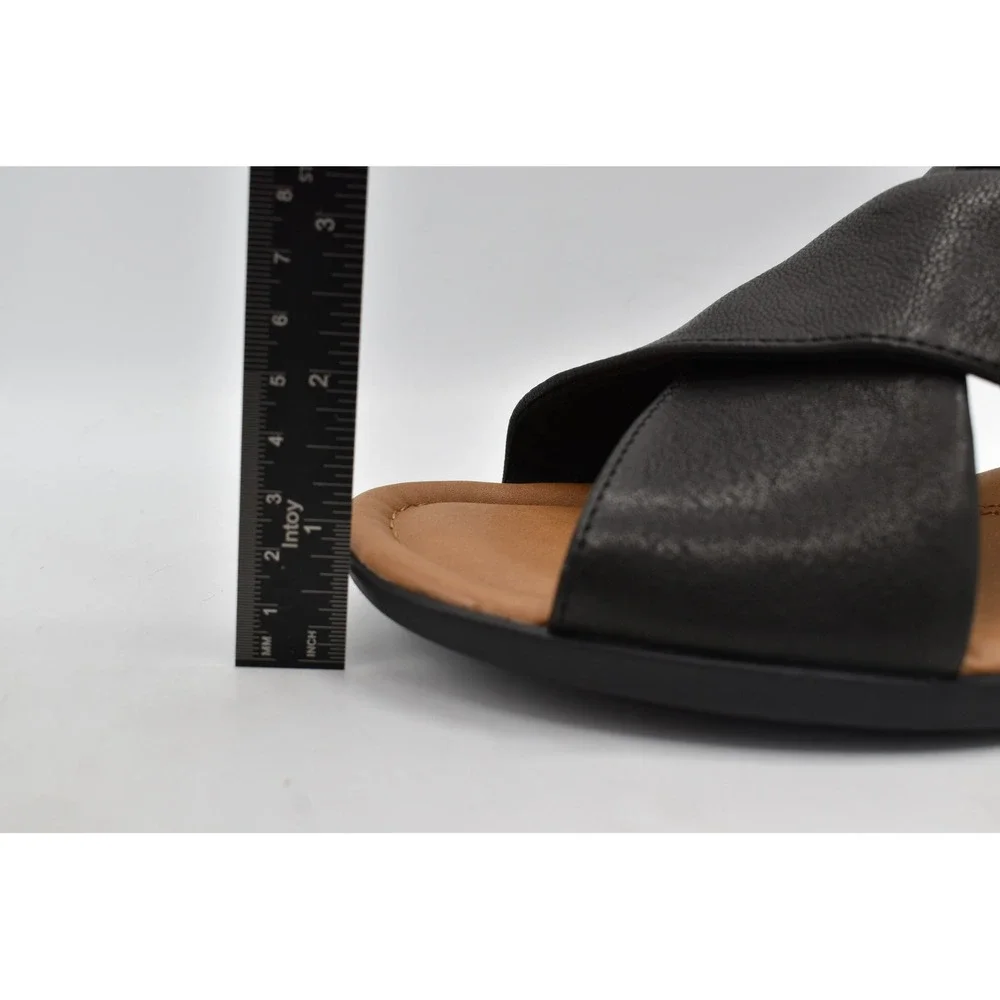 Comfortiva Womens 7.5 Emilee Black Leather Stretch Slingback Wedge Sandals Shoes